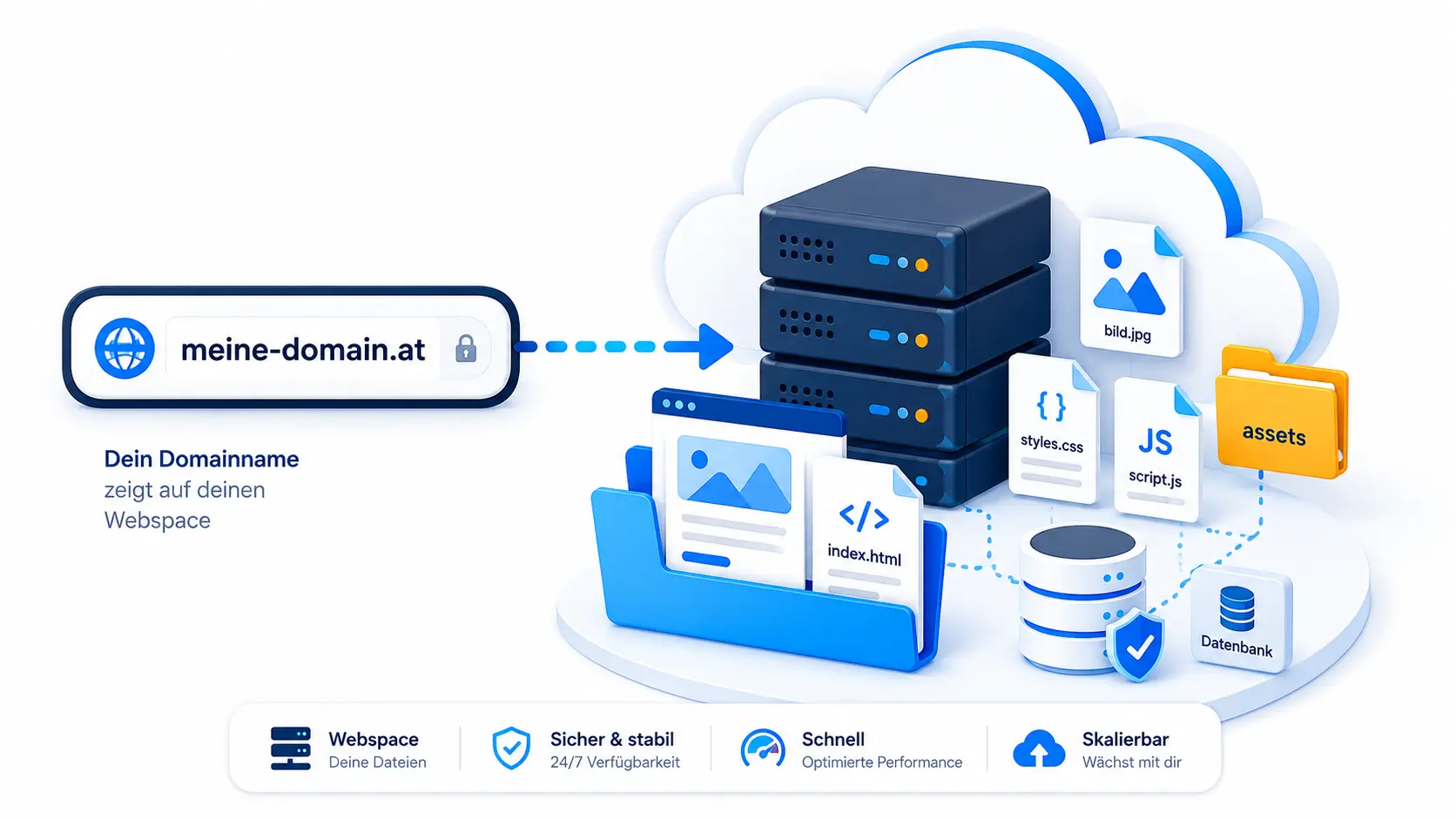 Server-/Cloud-Grafik mit Ordnern, Website-Dateien und Domain-Pfeil