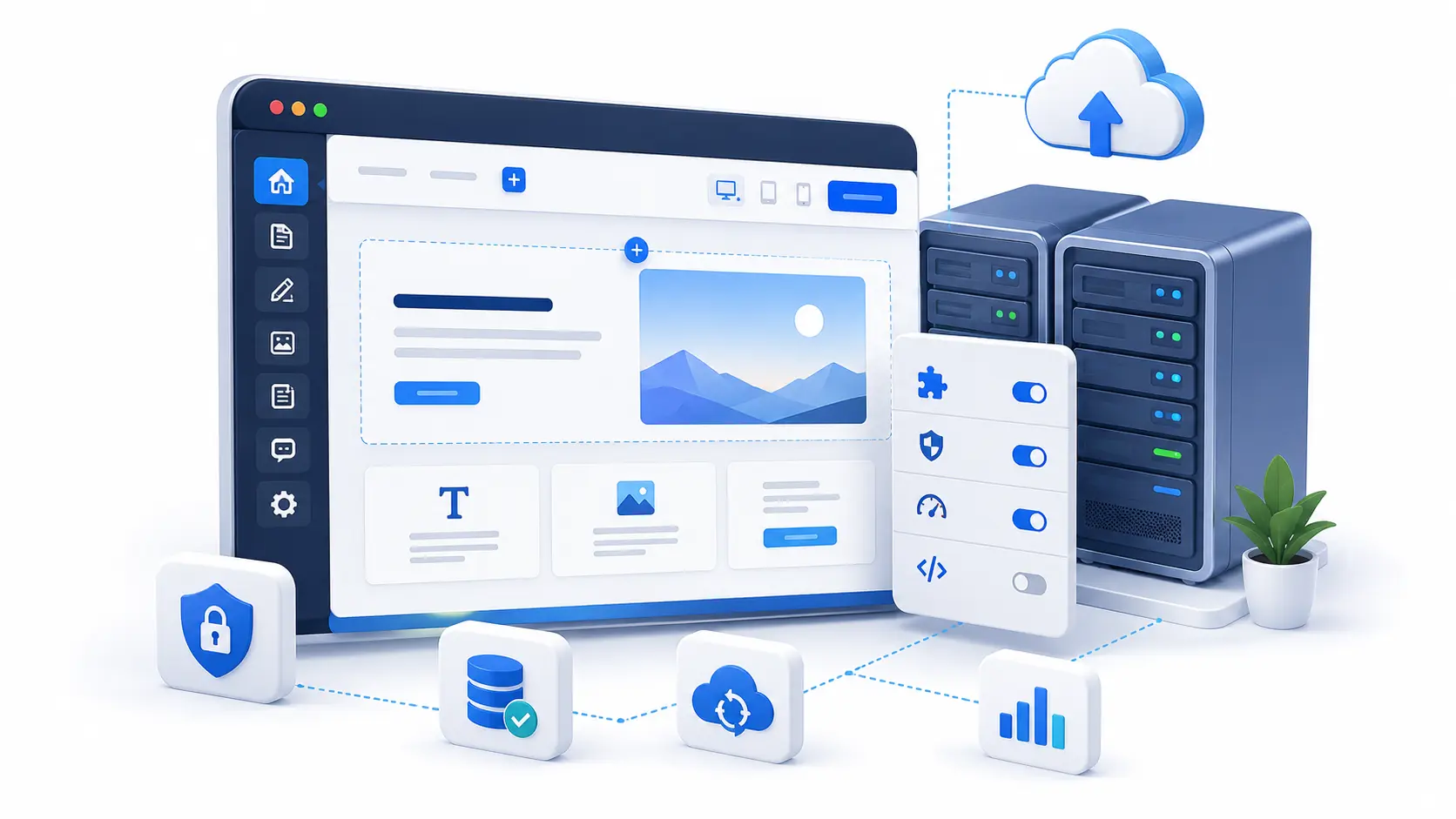 WordPress-/CMS-Symbolik, Website-Editor und Hosting-Server